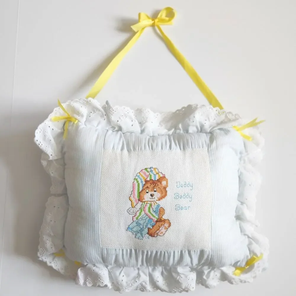 Vintage 80s Teddy Beddy Bear Cross Stitch Baby Pillow – Retro Nursery Décor